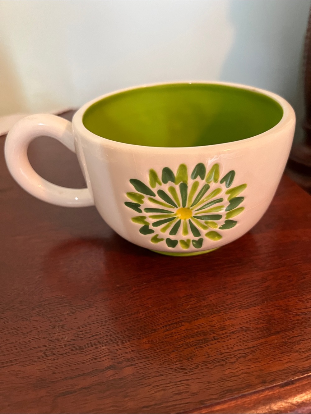 Starbucks White Ceramic Mug with Lime Green Interior and Floral Motif